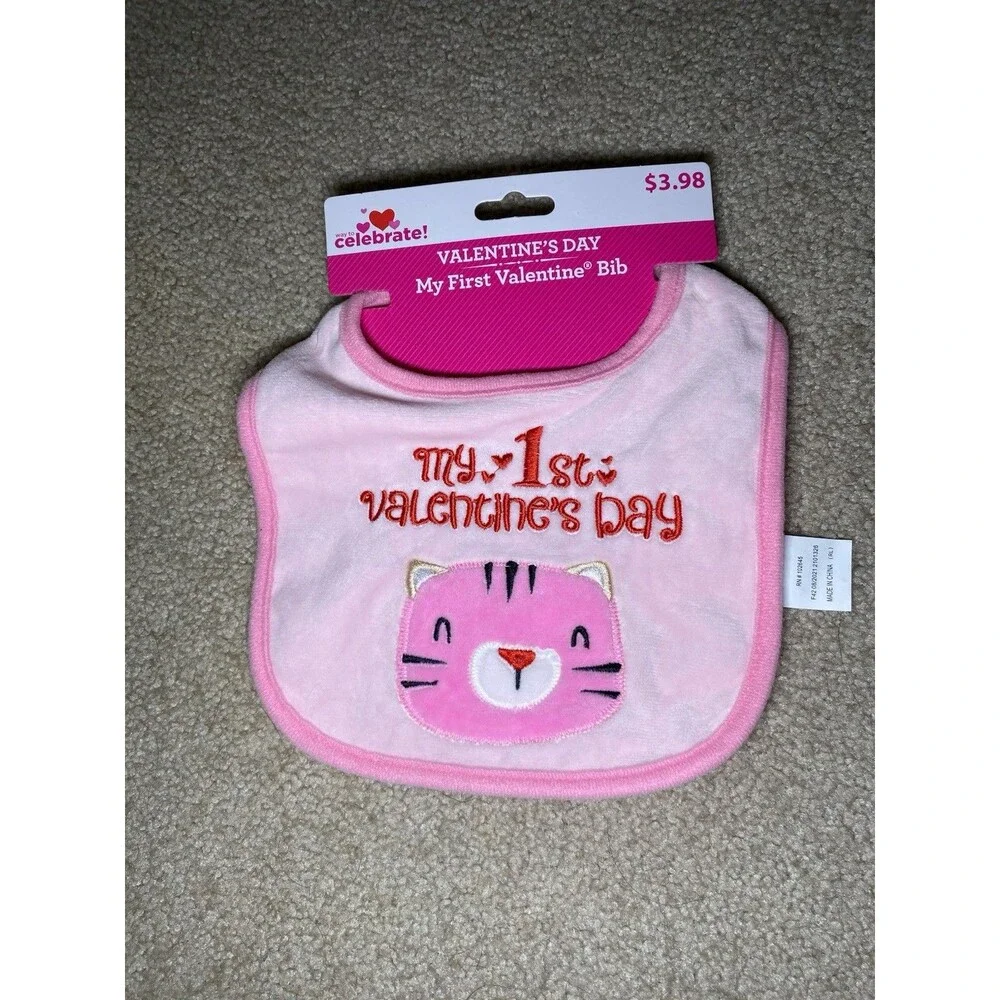NWT Way To Celebrate My 1st Valentine’s Day Baby Bib Set 2 Lot Boy Girl Lion Cat